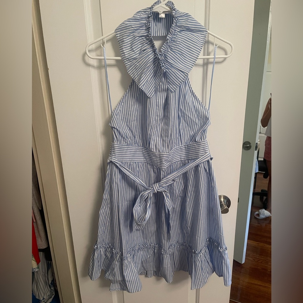 Pink Lily Blue and White Ruffled Tie Front Sundress